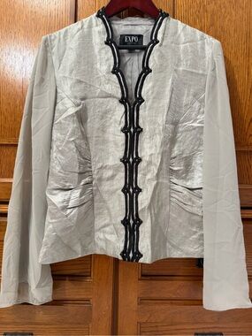 VTG Expo Evening Jacket Sheer Sleeve Cocktail Formal Sequins Ruched Metallic